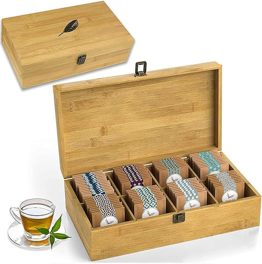 Bamboo Tea Organizer Box Chemical Free Eco-Friendly Big, Tall, Adjustable Cubbies Natural Wooden Storage Chest (8-Slot 14.3" x 8.1" x 4.2" with Tea Leaf design)