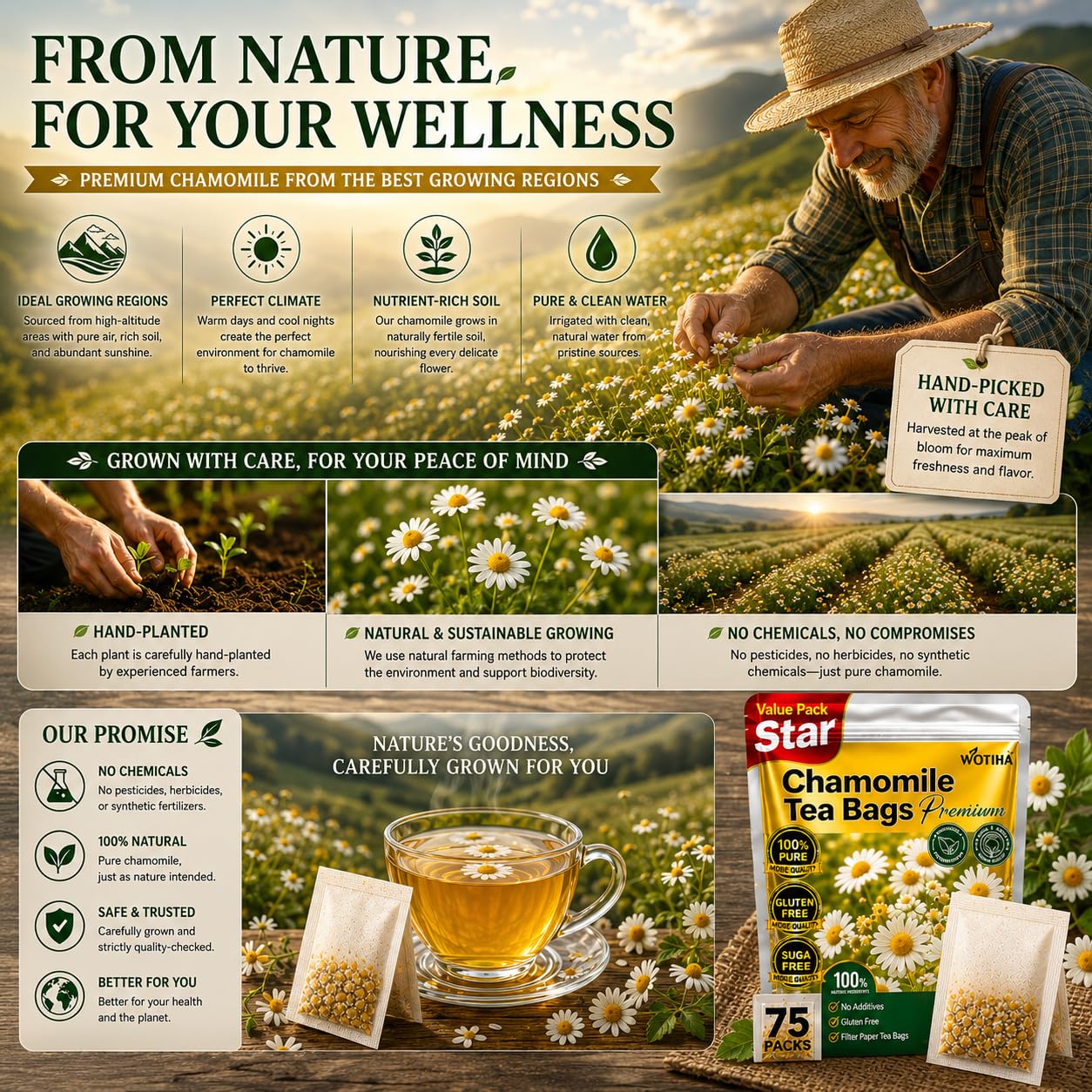 WOTIHA Chamomile Tea Bags, Pure Chamomile Flowers, Caffeine-Free, 75 Count | Chamomile flower herbal tea for evening and bedtime routines; caffeine-free, sugar-free, additive-free, vegan and Non-GMO.