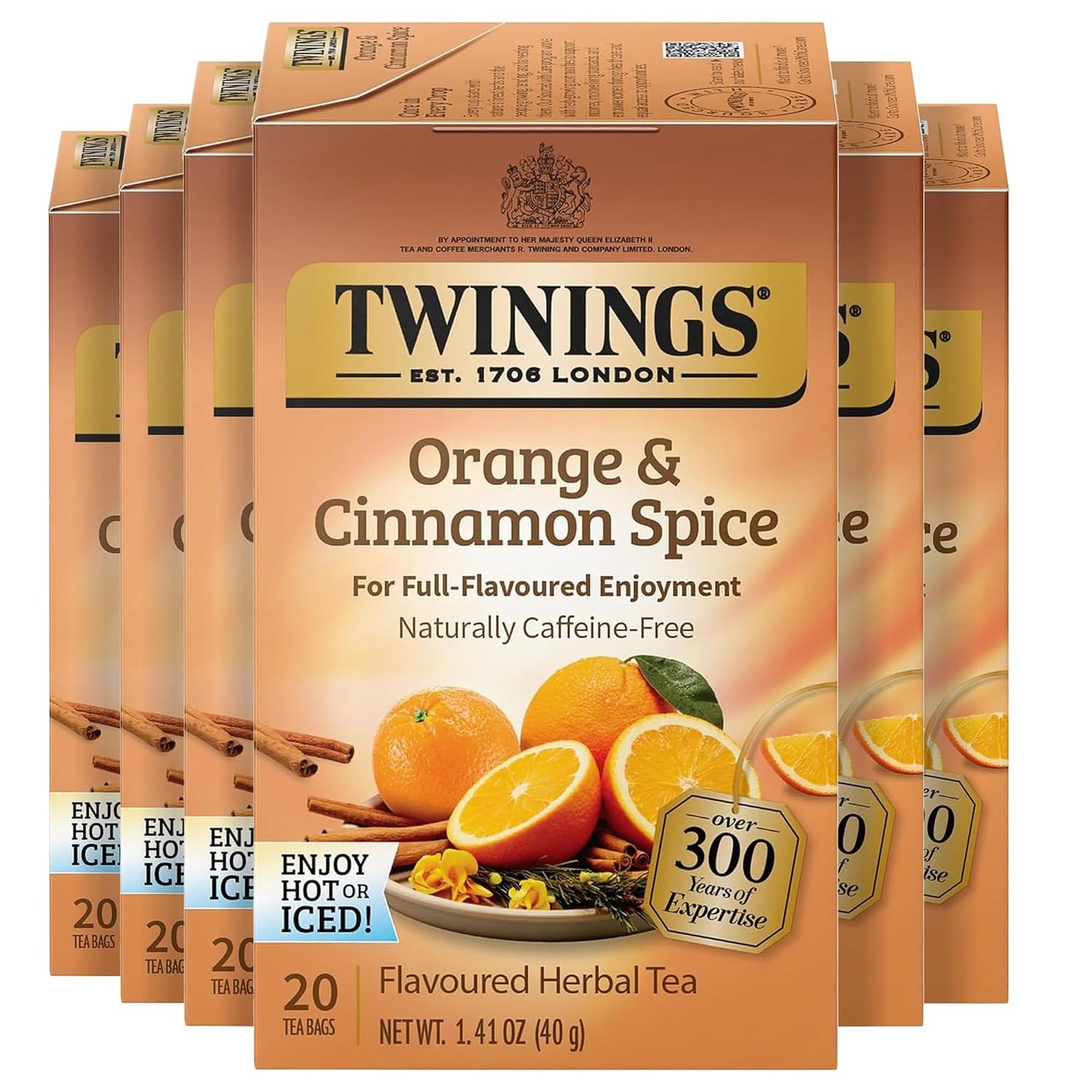 Twinings Orange &amp; Cinnamon Spice Herbal Tea Bags, 20 CT Box (6 Pack) | Rooibos with Citrusy, Soothing Spices, Naturally Caffeine-Free, 120 Foil Lined Individually Wrapped Bags, Enjoy Hot or Iced