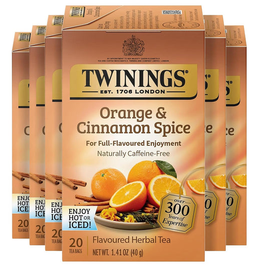 Twinings Orange &amp; Cinnamon Spice Herbal Tea Bags, 20 CT Box (6 Pack) | Rooibos with Citrusy, Soothing Spices, Naturally Caffeine-Free, 120 Foil Lined Individually Wrapped Bags, Enjoy Hot or Iced