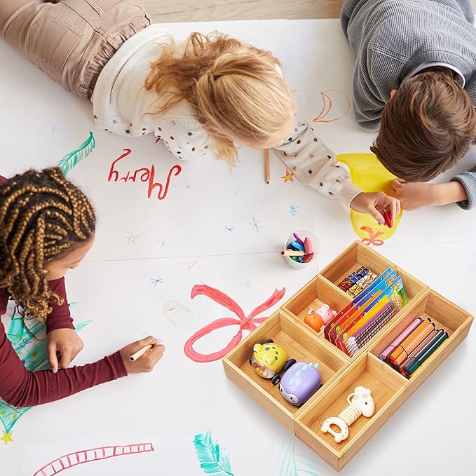 Fabsome Bathroom Drawer Organizer, Bamboo Box Bin for Junk Vanity Desk Makeup Drawer, Small Wooden Container Tea Storage Organization Tray for Kitchen Office, Set of 5