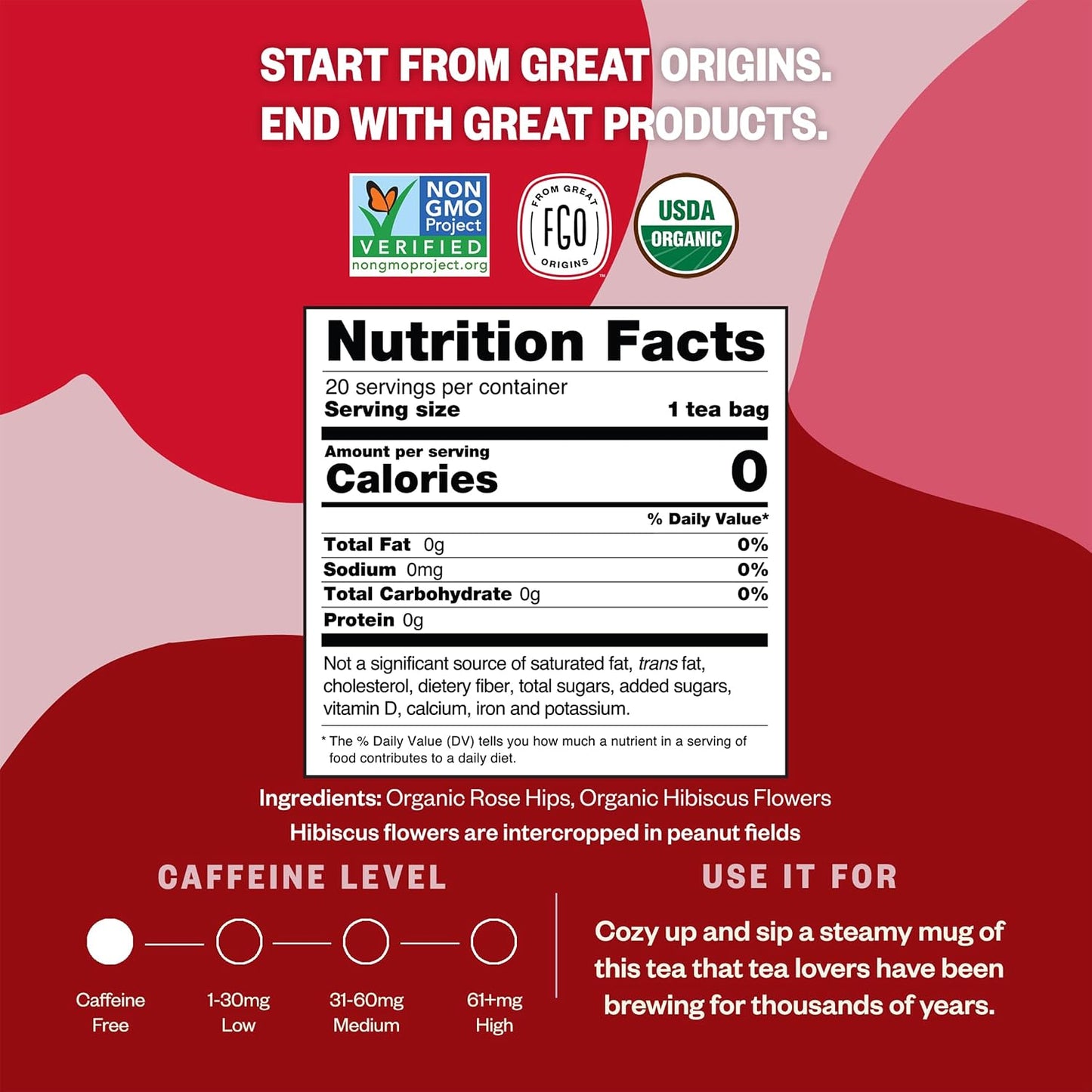 FGO Organic Rosehips Tea, 20 Count, Eco-Conscious Herbal Tea Bags, Resealable Bag, Caffeine Free, Packaging May Vary (Pack of 1)