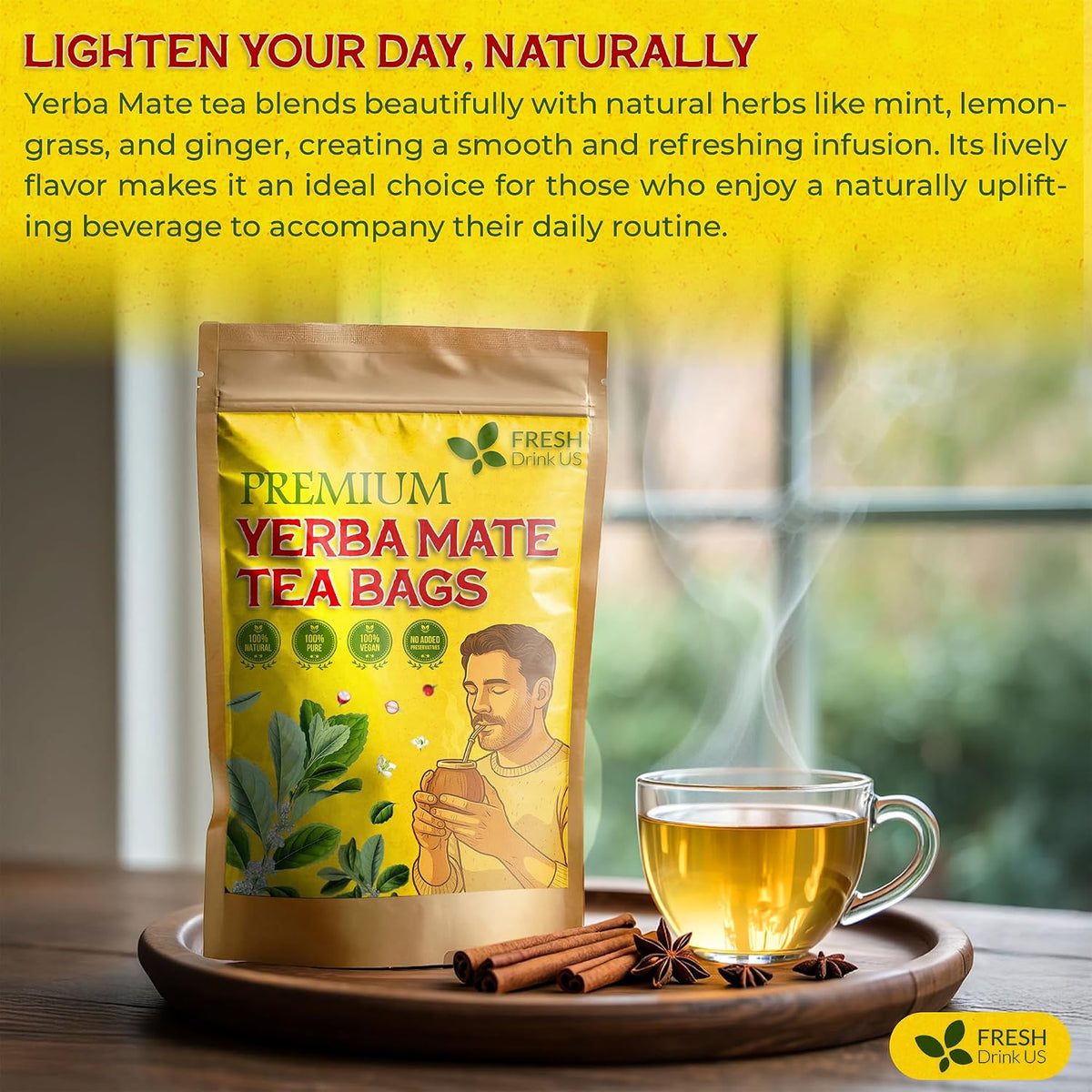 FreshDrinkUS, Yerba Mate Tea Bags | 120 Tea Bags | Traditional South American Herbal Tea – Smooth &amp; Refreshing Flavor – Premium Quality, Sustainably Sourced. Vegan.