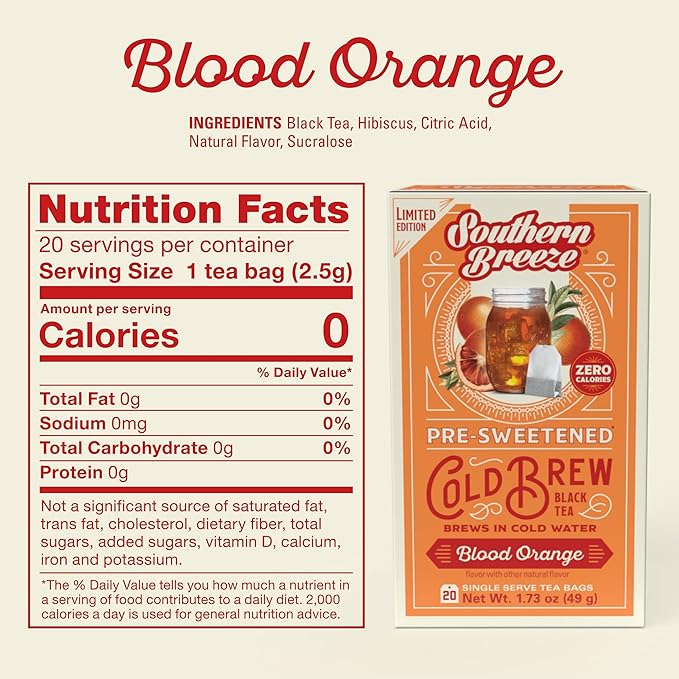 Southern Breeze Cold Brew Sweet Tea Blood Orange Iced Tea with Black Tea and Zero Carbs Zero Sugar