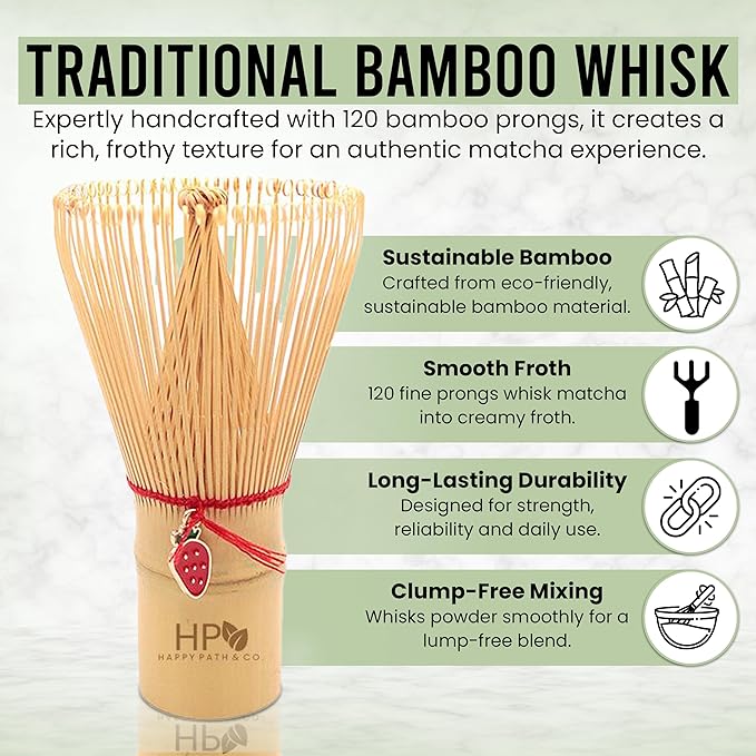 Happy Path & CO Matcha Whisk Set – 6 Pcs Matcha Tea Set Includes Bamboo Whisk(Chasen) & Holder,Bowl with Spout,Sifter,Scoop & Stand