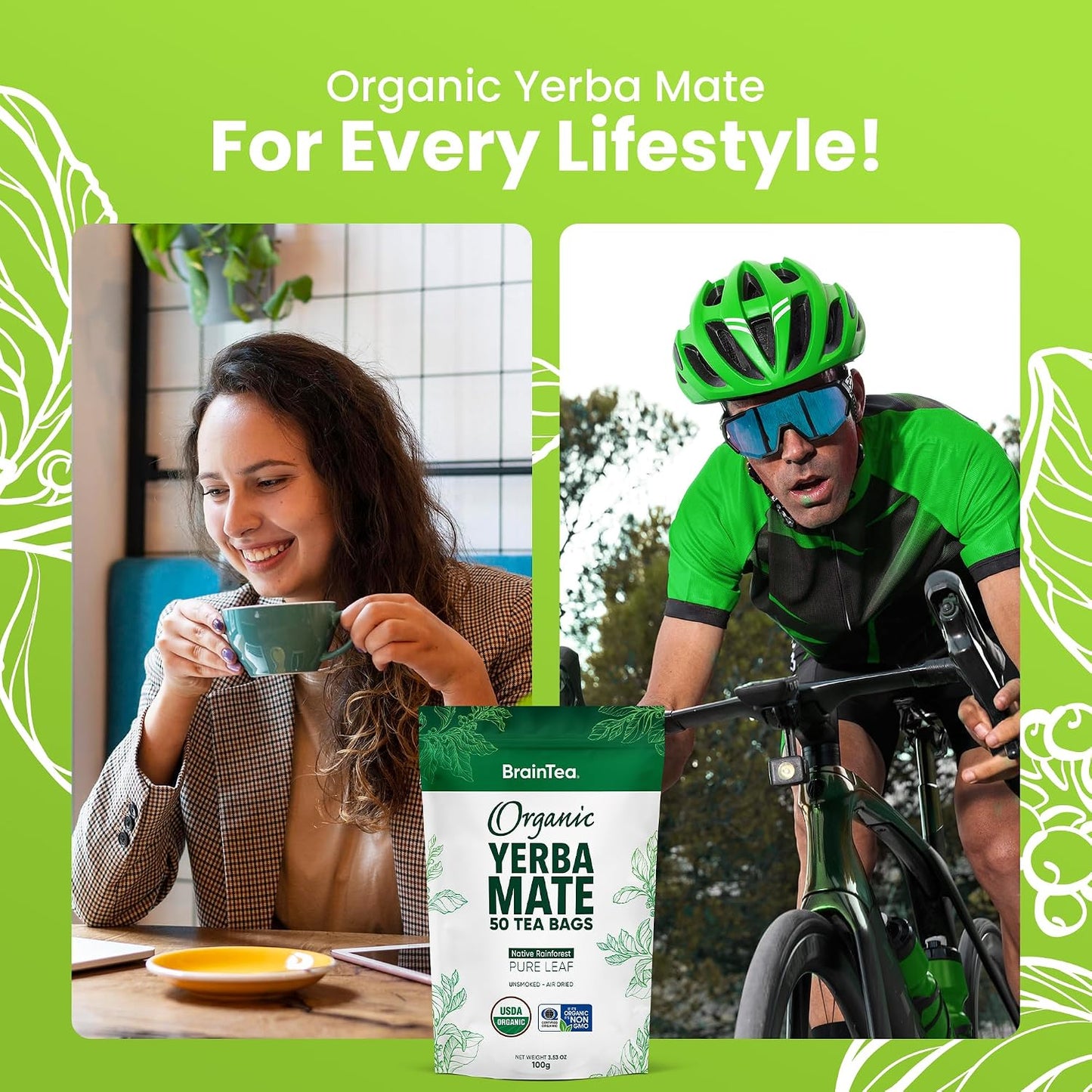 Yerba Mate Tea Organic - Brain Tea Organic Yerba Mate Tea bags 50 count - Native Rainforest Sourced, Unsmoked &amp; Air-Dried, High Caffeine Matte Tea - 100g