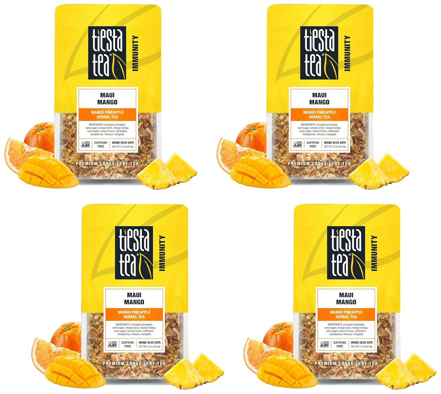 Tiesta Tea - Maui Mango Mango Pineapple Herbal Tea Premium Loose Leaf Tea Blend Non-Caffeinated Fruit Tea Make Hot or Iced Tea &amp; Brews Up to 25 Cups - 2.2 Ounce Resealable Pouch (Pack of 4)