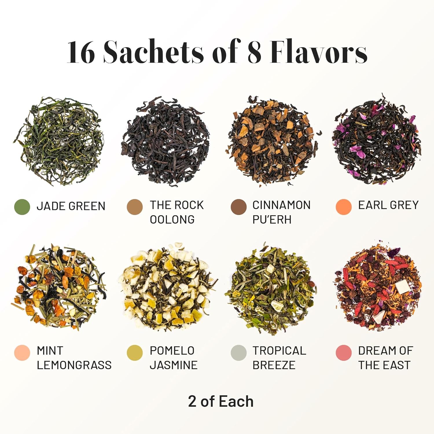 CHAYEAH, Premium Tea Collection (16 Pyramid Tea Sachets, 8 Assorted Flavors), Green, Black, Oolong, Pu’erh & Herbal Tea Sampler Variety Pack, Caffeinated and Non-Caffeinated, Whole Leaf Tea Bag
