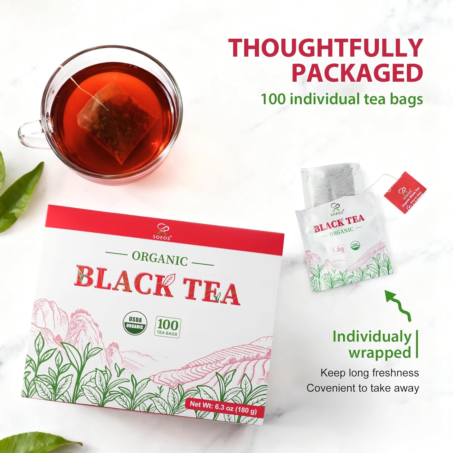 Soeos Organic Black Tea Bags, 6.3oz (180g) 100 Tea Bags, Bold Aroma & Smooth Flavor, Premium Handpicked Tea Leaves, Perfect for Morning Brew or Afternoon Refreshment