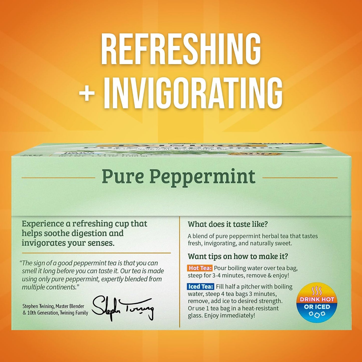 Twinings Pure Peppermint Caffeine-Free Tea Bags, 50 CT Box (6 Pack) | Fresh Minty Flavour, Soothes Digestion, Naturally Caffeine-Free, 300 Foil Lined Individually Wrapped Bags, Enjoy Hot or Iced