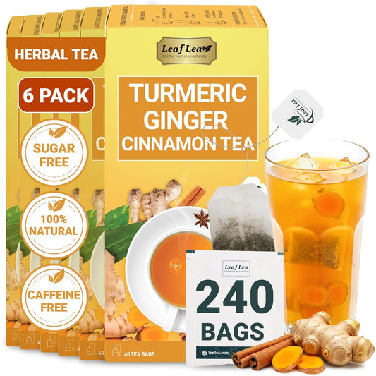 LeafLea Ginger Turmeric Cinnamon Tea Bags, 240 Ct Caffeine-Free, 6 Boxes | Individually Foil-Wrapped Sachets, 240-Bag Ultimate Value, Turmeric Ginger Cinnamon Blend, No Sugar, Vegan, Non-GMO