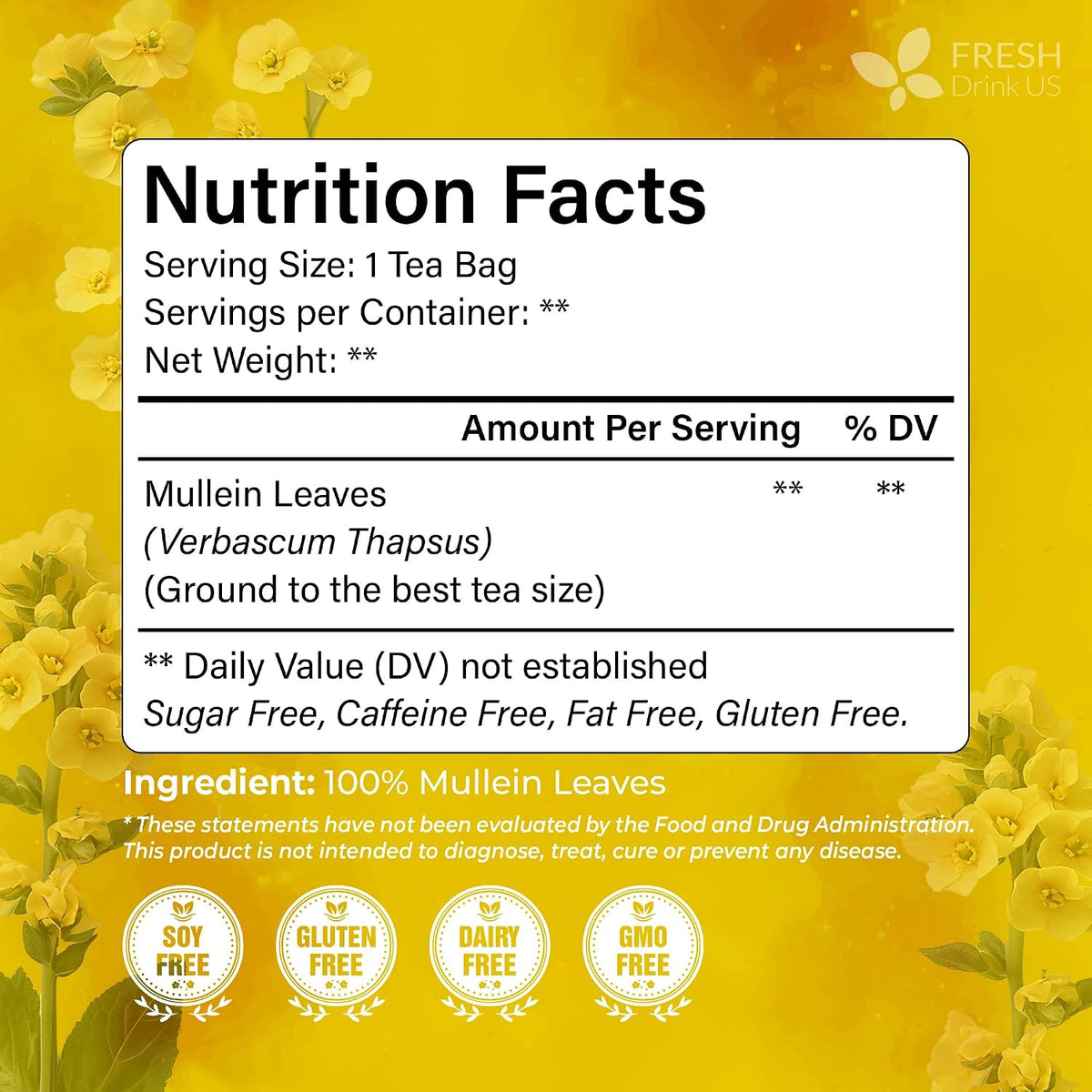 FreshDrinkUS, Premium 80 Mullein Leaf Tea Bags – 100% Natural, Pure, &amp; Caffeine-Free Herbal Tea for Lung – Loose Leaf, No Sugar, Vegan, Gluten-Free, Made with Natural Material Tea Bags