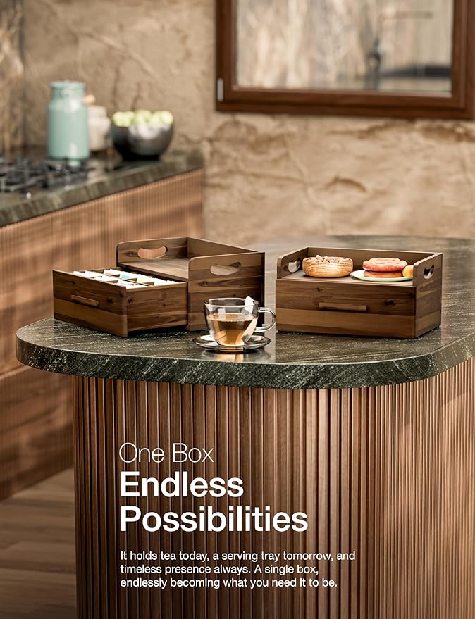 Tinamo Acacia Wooden Tea Box Organizer with Drawer – Tea Chest for Tea Bags Storage – Tea and Coffee Organizer - Wooden Tea Tray and Containers for Countertop Display (Walnut)