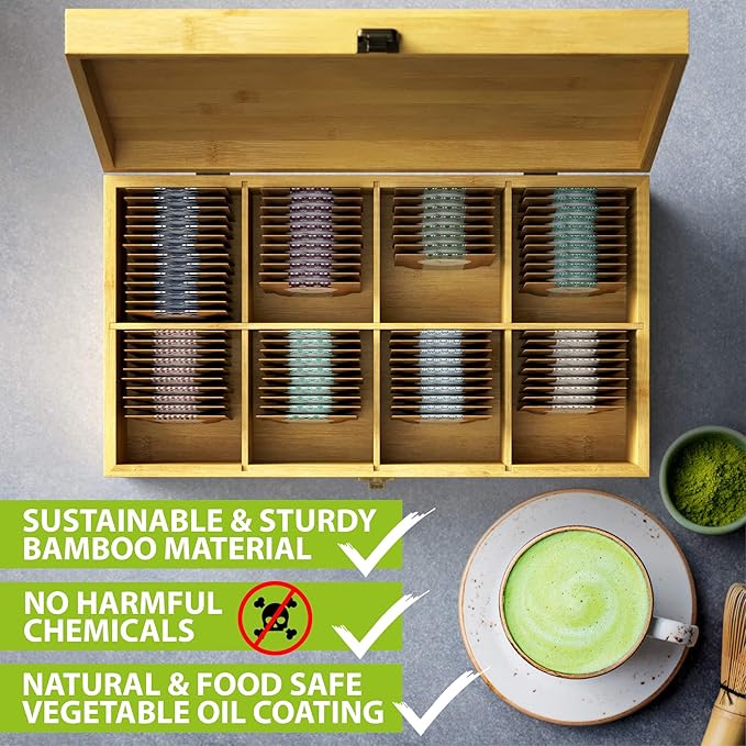 Bamboo Tea Organizer Box Chemical Free Eco-Friendly Big, Tall, Adjustable Cubbies Natural Wooden Storage Chest (8-Slot 14.3" x 8.1" x 4.2" with Tea Leaf design)