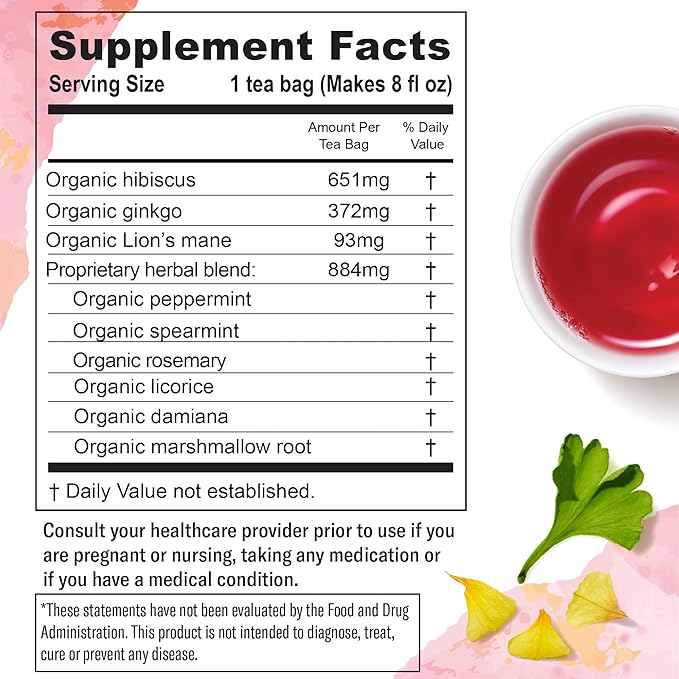 Numi Organic Damiana Herbal Tea, 48 Tea Bags – Caffeine-Free with Ginkgo, Lion's Mane, Hibiscus, Mint & Licorice