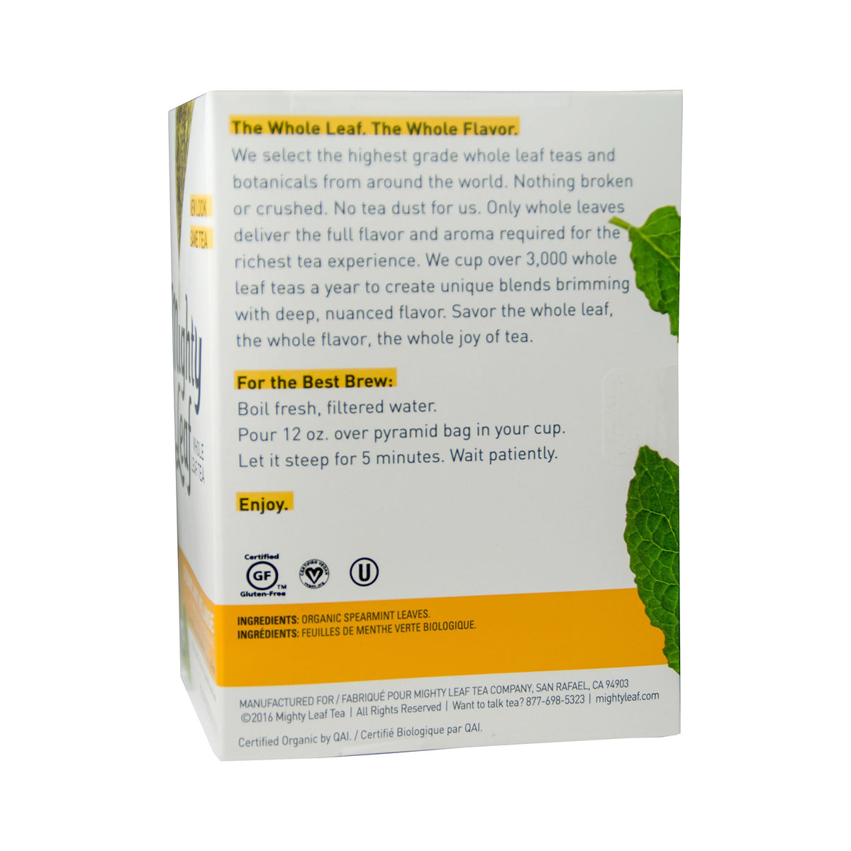 Mighty Leaf Whole Leaf Tea, Organic Mint Melange, 15 Tea Bags Individual Pyramid-Style Tea Sachets of Uncaffeinated Organic