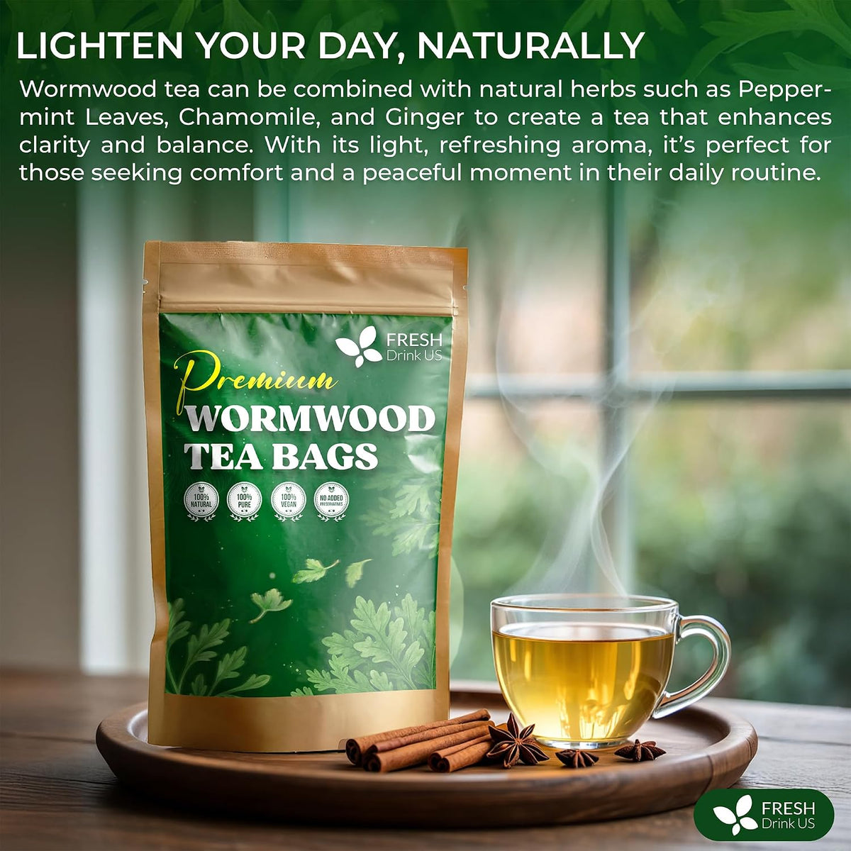 FreshDrinkUS, Premium Wormwood Tea Bag, 75 Count, Pure, Caffeine Free