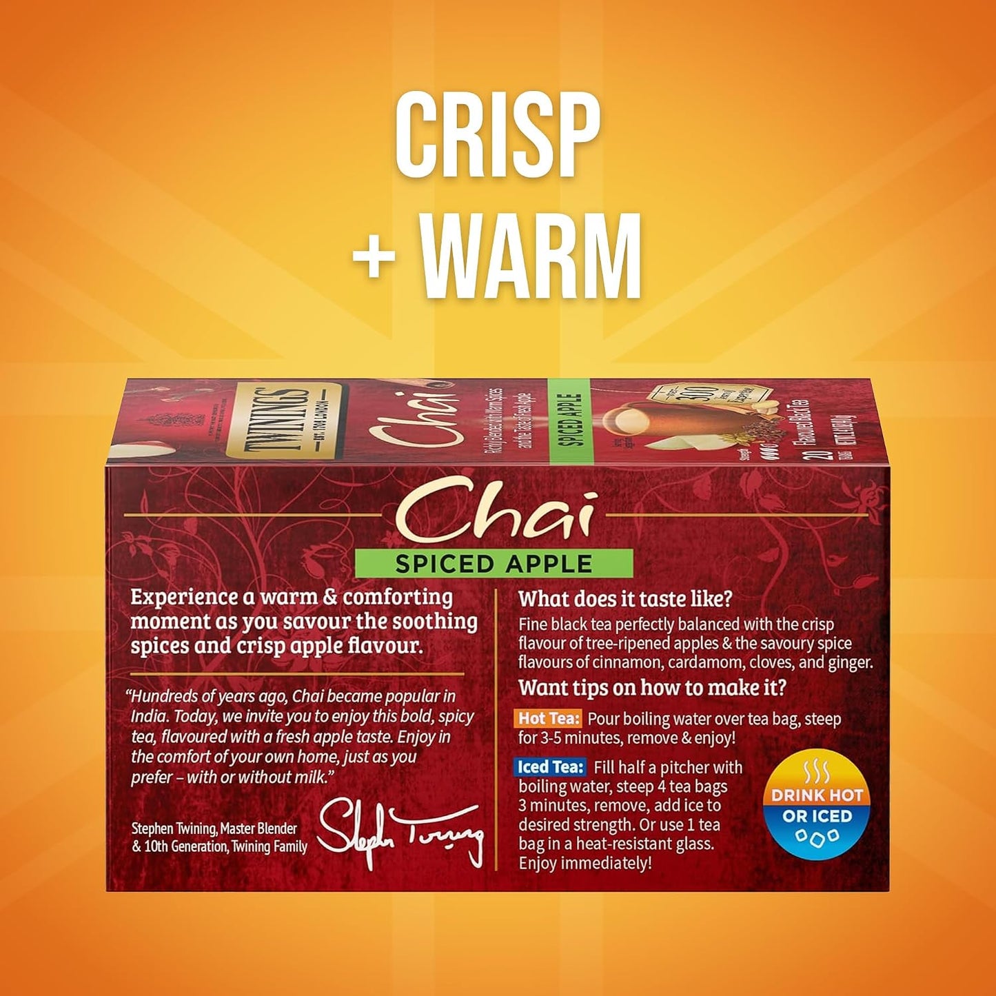 Twinings Spiced Apple Chai Black Tea Bags, 20 CT Box (6 Pack) | Fresh Apple Taste With Cinnamon, Ginger, Cardamom, Clove, Naturally Caffeinated, 120 Foil Lined Individually Wrapped Bags