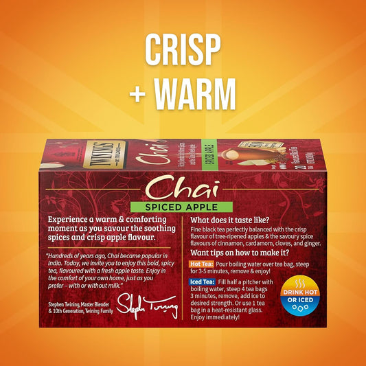 Twinings Spiced Apple Chai Black Tea Bags, 20 CT Box (6 Pack) | Fresh Apple Taste With Cinnamon, Ginger, Cardamom, Clove, Naturally Caffeinated, 120 Foil Lined Individually Wrapped Bags