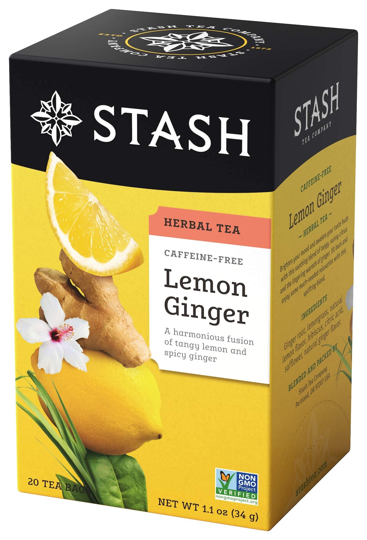 Stash Tea Lemon Ginger Vitality Herbal Tea - Naturally Caffeine Free, Non-GMO Project Verified Premium Tea with No Artificial