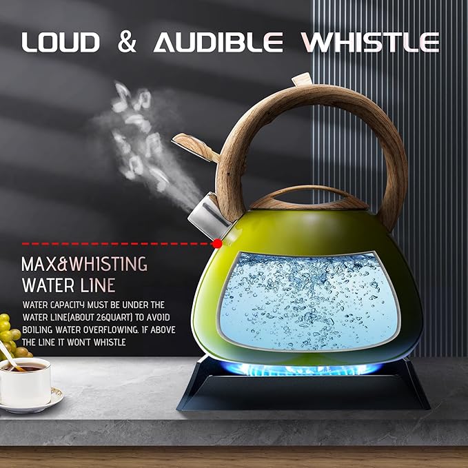 Marskitop Whistling Tea Kettle for Stove Top, 2.6 Quart Teapot for Stovetop, Stainless Steel Tea Pot for Stove with Wood Pattern Handle, Light Green