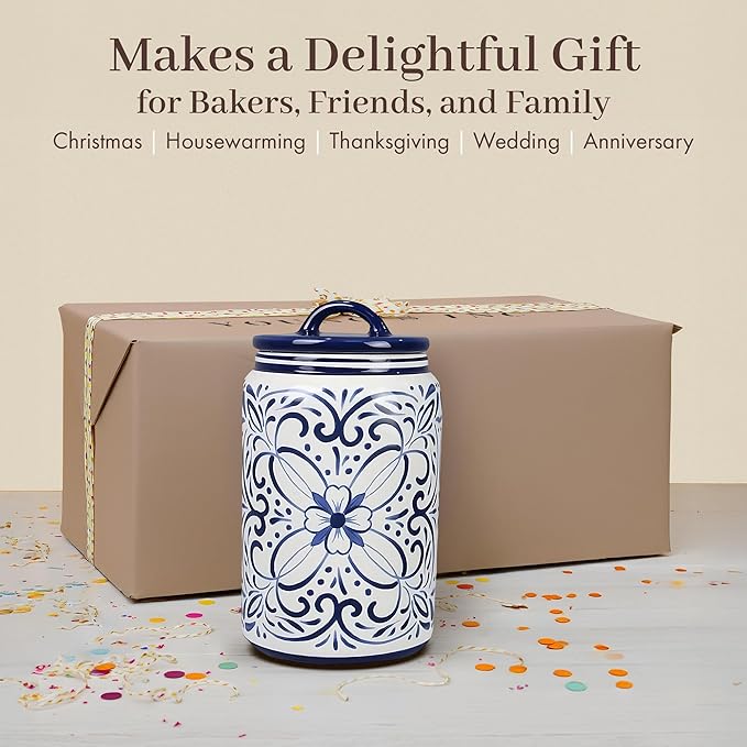 Young's Inc. Ceramic Canister with Lid, Ceramic Cookie Jars for Kitchen Counter Decorative White Winter Design, Airtight Pet Jar with Lid for Chewy Pet Treats, Candy, Bones, Pet Food Container