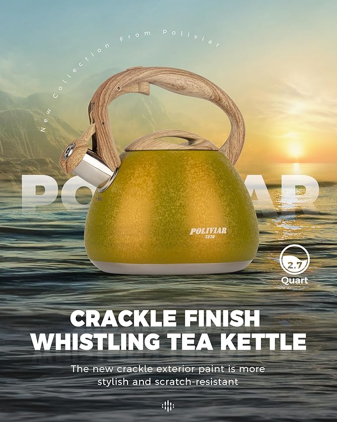 Poliviar Tea Kettle, 2.7 Quart Stovetop Tea Kettle, Audible Whistling Teapot with Crackle Finish, Food Grade Stainless Steel for Anti-Rust