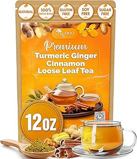 TOG999, Premium 12oz Ginger Turmeric Cinnamon Loose Leaf Herbal Tea. Improve Digestion, Support Brain, Weight, Skin and Sleep. Premium Quality Spiced Blend. No Sugar, No Caffeine, No Gluten, Vegan.