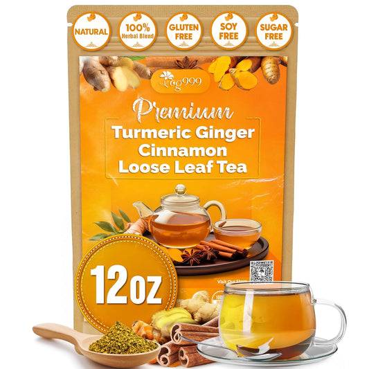 TOG999, Premium 12oz Ginger Turmeric Cinnamon Loose Leaf Herbal Tea. Improve Digestion, Support Brain, Weight, Skin and Sleep