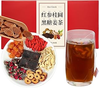 Hee Creek Longan Red Date Ginger Sugar Tea 10.23oz (25 Bags) Ancient Method Handmade Red Ginseng Brown Sugar Ginger Tea for Women Qi and Blood Tonic, Caffeine Free 红参 桂圆红枣姜糖茶 黑糖姜茶 红糖姜枣茶