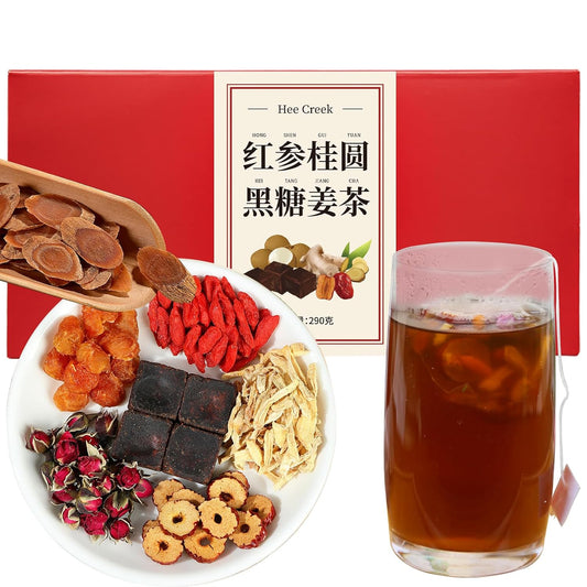 Hee Creek Longan Red Date Ginger Sugar Tea 10.23oz (25 Bags) Ancient Method Handmade Red Ginseng Brown Sugar Ginger Tea for Women Qi and Blood Tonic, Caffeine Free 红参 桂圆红枣姜糖茶 黑糖姜茶 红糖姜枣茶