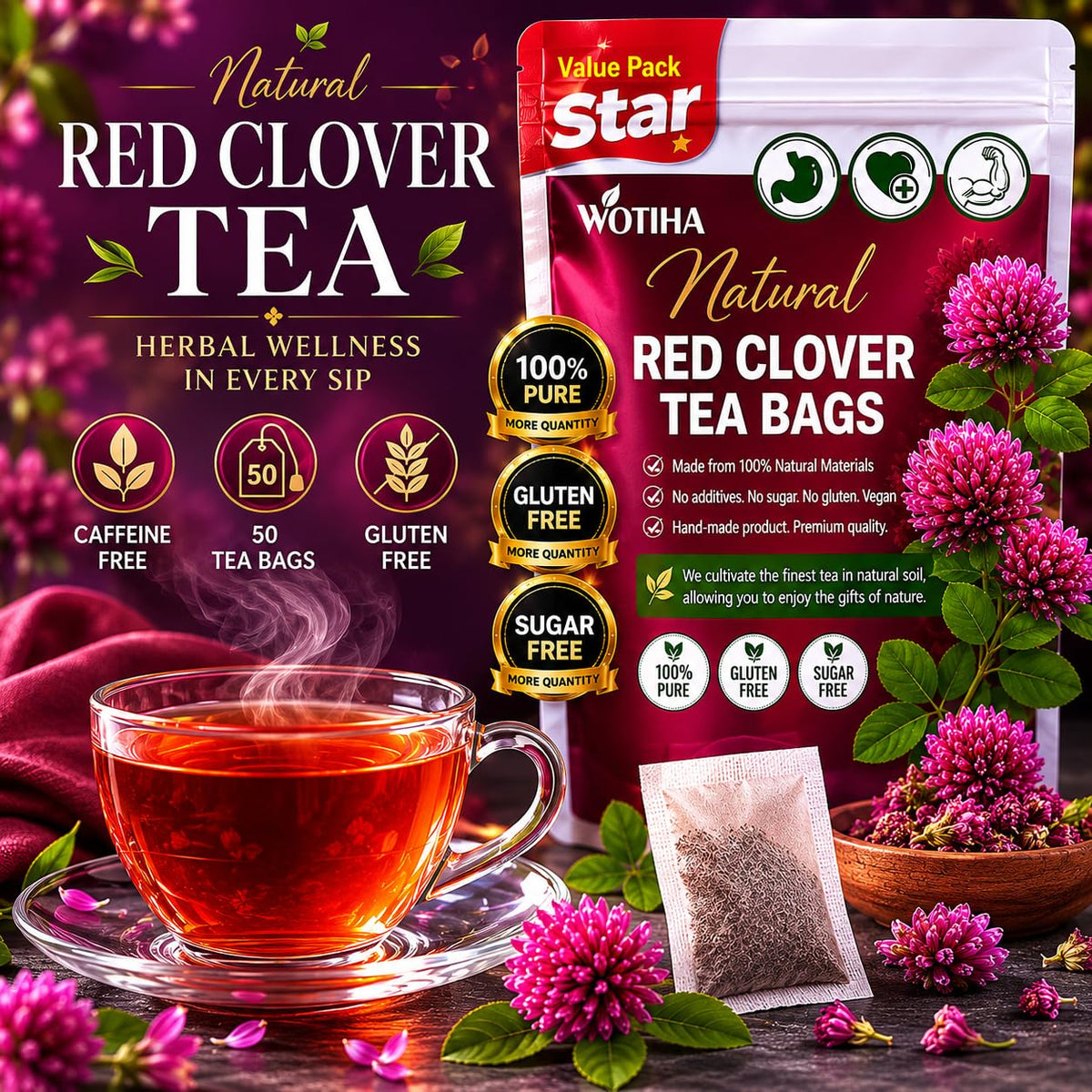 WOTIHA Premium Red Clover Tea Bags, 50 Count – 100% Natural Red Clover Herb, Rich in Antioxidants, Additive-Free