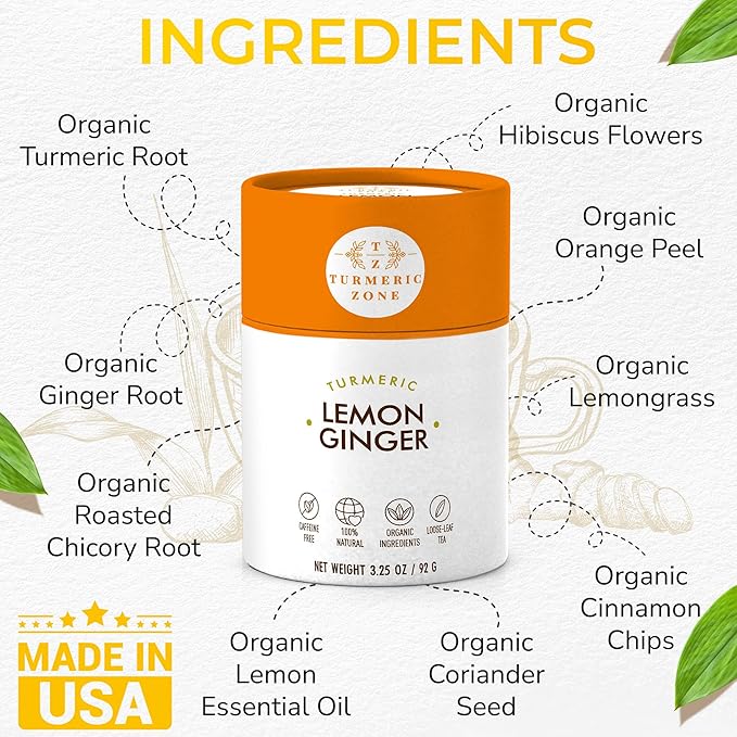 Turmeric Zone Organic Turmeric Lemon Ginger Decaf Tea with Turmeric Root, Roasted chicory root, Ginger root, Orange peel, Lemongrass, Lemon essential oil, Hibiscus flowers, Coriander seed and Cinnamon chips - 3.25 oz