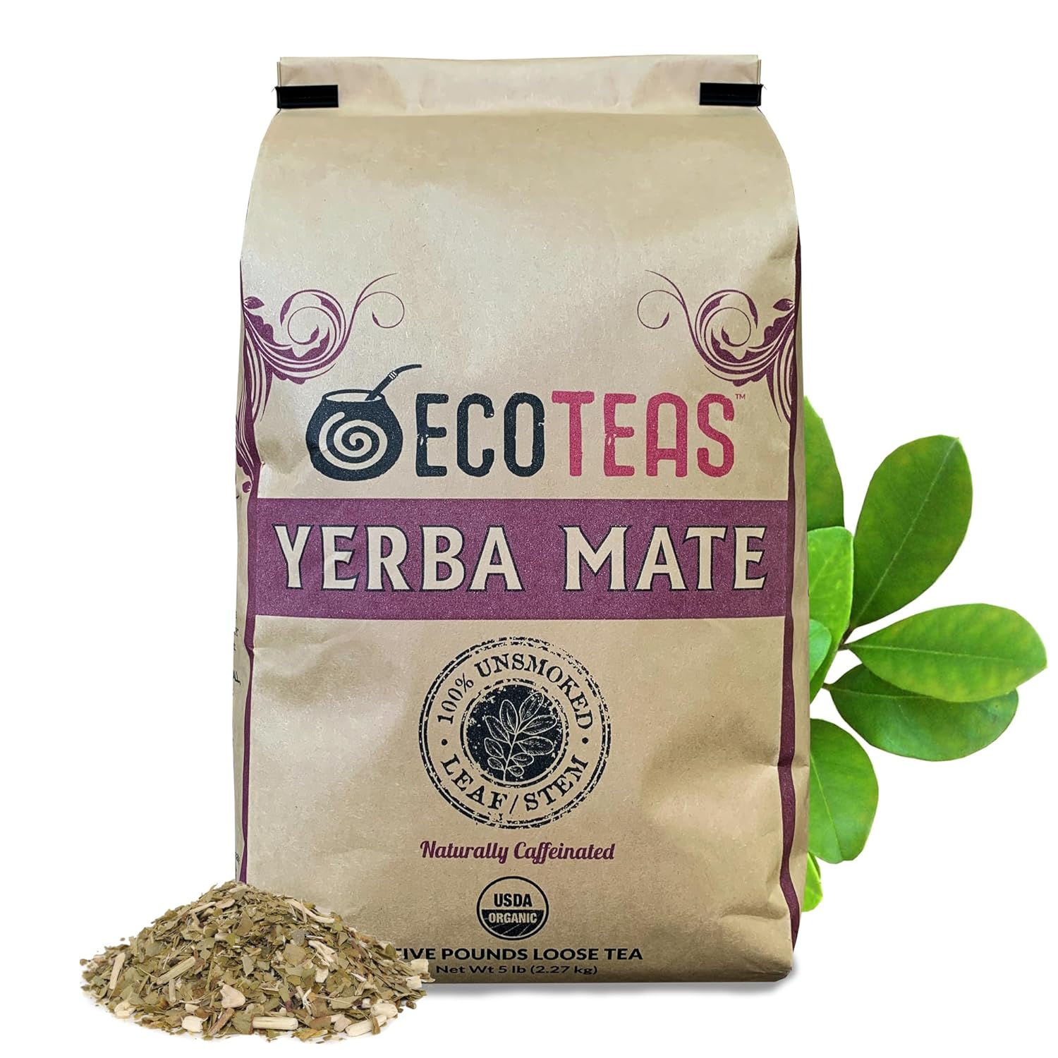 ECOTEAS Organic Yerba Mate Loose Leaf Tea – Unsmoked Detox Herbal Tea for Natural Energy – Coffee Alternative - Kosher, Non-GMO, Gluten-Free - Traditional Leaf-Stem Cut, 5 lb