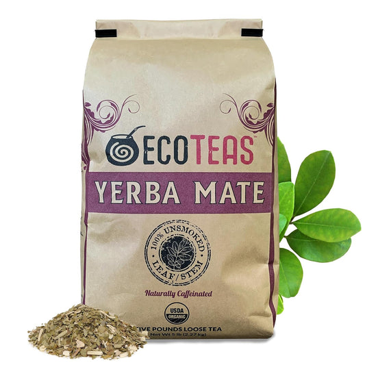 ECOTEAS Organic Yerba Mate Loose Tea Traditional Cut 5 lb Bulk Value Bag | 5 lb bulk traditional cut with stems and powder, USDA organic kosher non-GMO, brews in French press gourd or bombilla