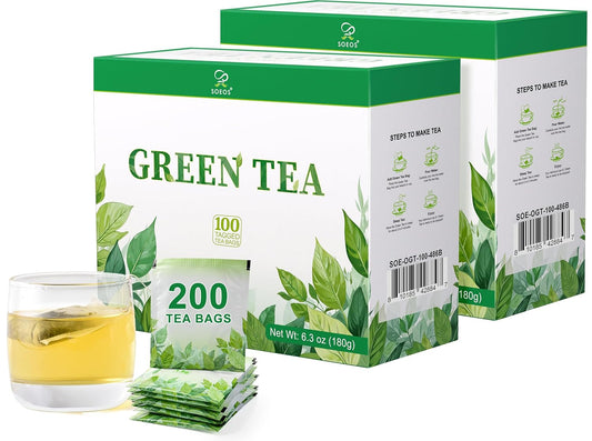 Soeos Green Tea, 6.3 oz (180g), 200 Tea Bags, Pack of 2, Refreshing and Fragrant, Sustainably Sourced, Ideal for Hot or Iced Tea, Long-Lasting Freshness