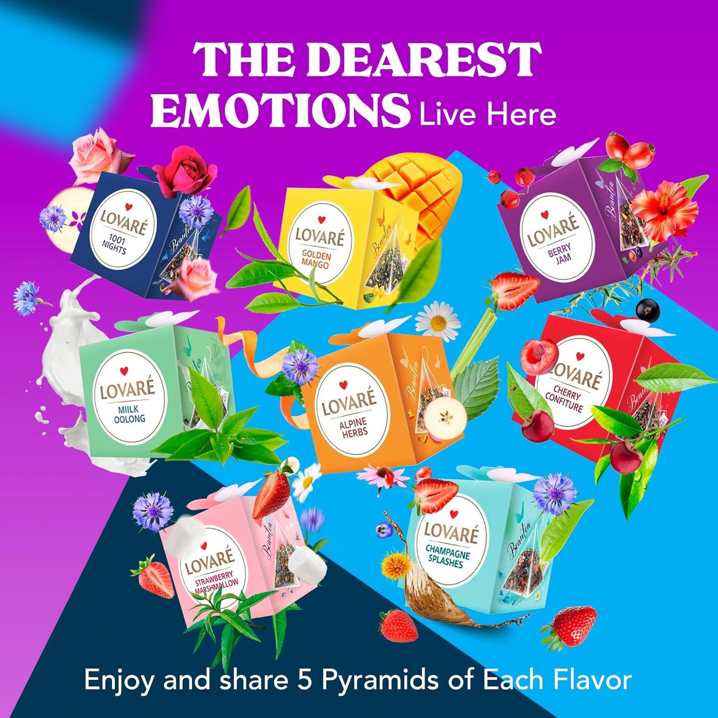 LOVARE Assorted Tea Pyramid Bags 45 Pack - Made in Ukraine - 9 Tastes of Tea Sampler Pyramids - Assortment with Black and Green Tea, Fruits, Flowers, Berries - Flavored Gift Box