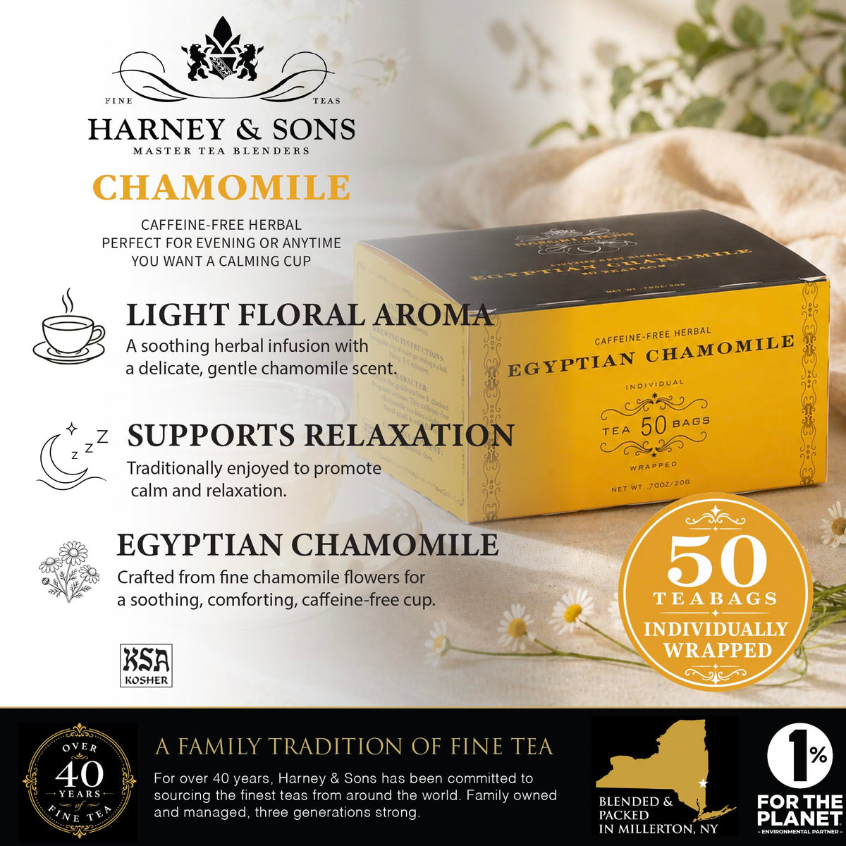 Harney & Sons Herbal Tea, Tea Bags, Chamomile, 50 Count