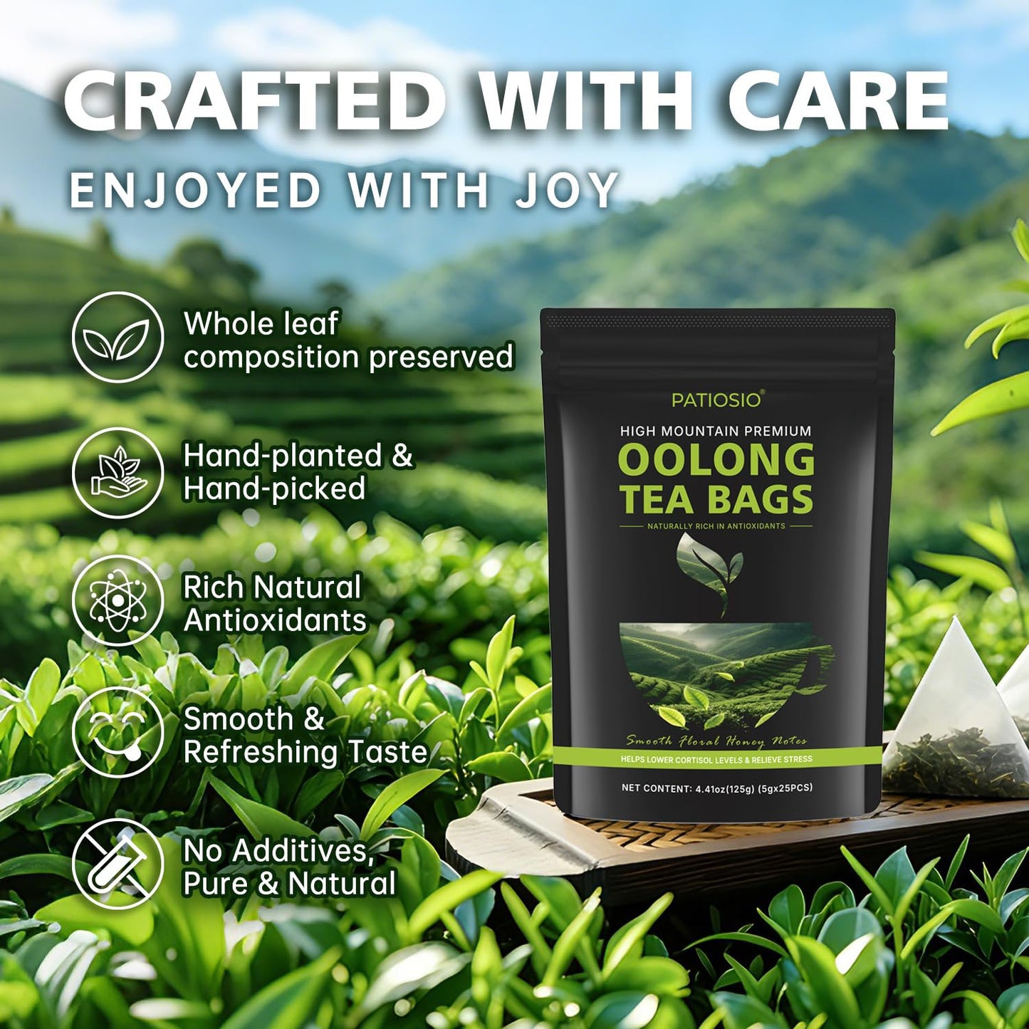 Oolong Tea Bags – Yunnan High-Mountain Oolong Whole Leaf Tea Bags, 25 Bags (5g Each) – Premium Loose Leaf Oolong Tea - Helps Lower Cortisol Levels & Relieve Stress –Smooth Aroma, Non-GMO
