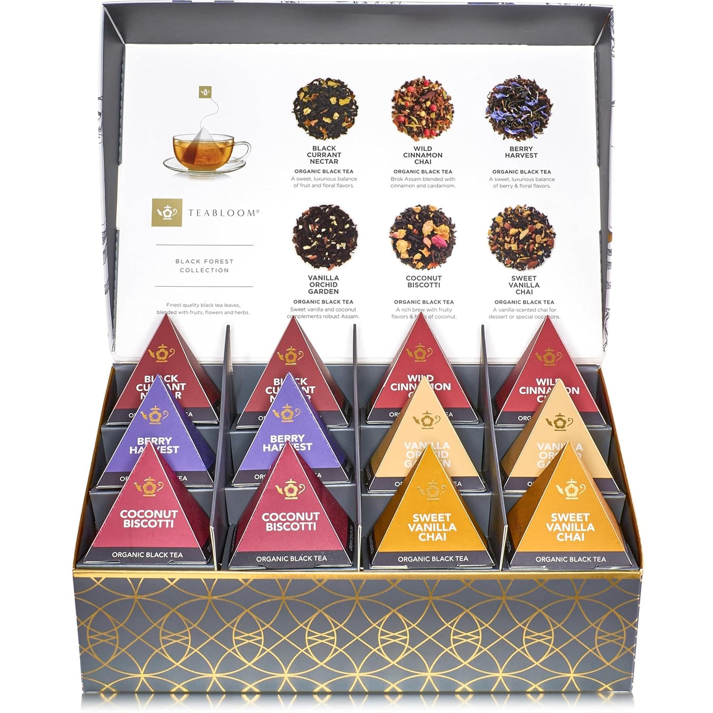 Teabloom Organic Black Forest Pyramid Tea Presentation Box, 12 Assorted Black Tea Blends, USDA Certified Organic Whole-Leaf Pyramid Tea Sachets