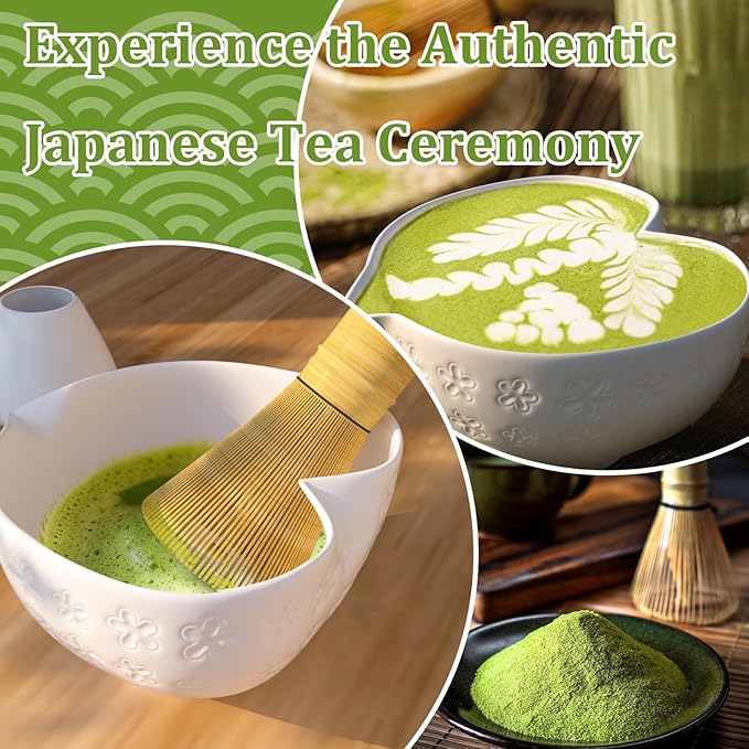 Matcha Whisk Set & Japanese Tea Set – 8PCS Ceramic Kit, Heart-Shaped Bowl with Spout & Bamboo Whisk (Ivory White)
