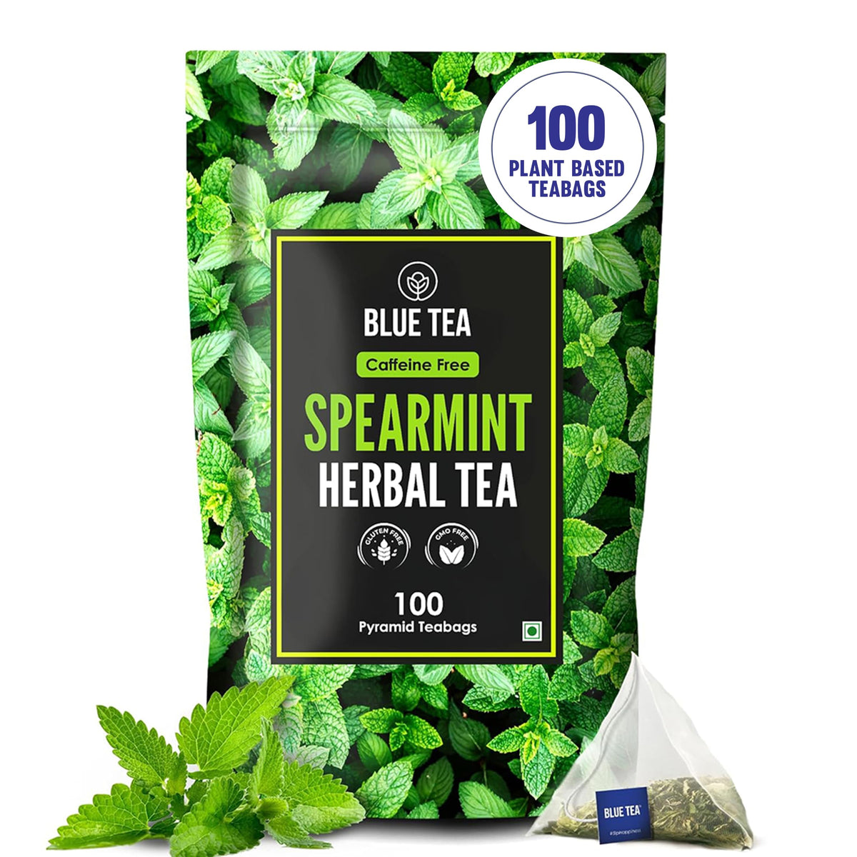 BLUE TEA - Spearmint Tea - 100 Count - Pyramid Plant Based Tea Bag | PCOS RELIEF | Balances Hormones - Support Digestion