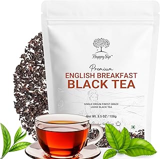 Happy Sip English Breakfast Tea Loose Leaf (100g/3.5oz) Strong, Robust, High Caffeine Black Tea Loose Leaf | Non-GMO | Resealable, Ziplock Pouch | Brew Hot, Iced | Darjeeling Black Tea