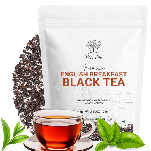 Happy Sip English Breakfast Tea Loose Leaf (100g/3.5oz) Strong, Robust, High Caffeine Black Tea Loose Leaf, Non-GMO, Resealable, Ziplock Pouch
