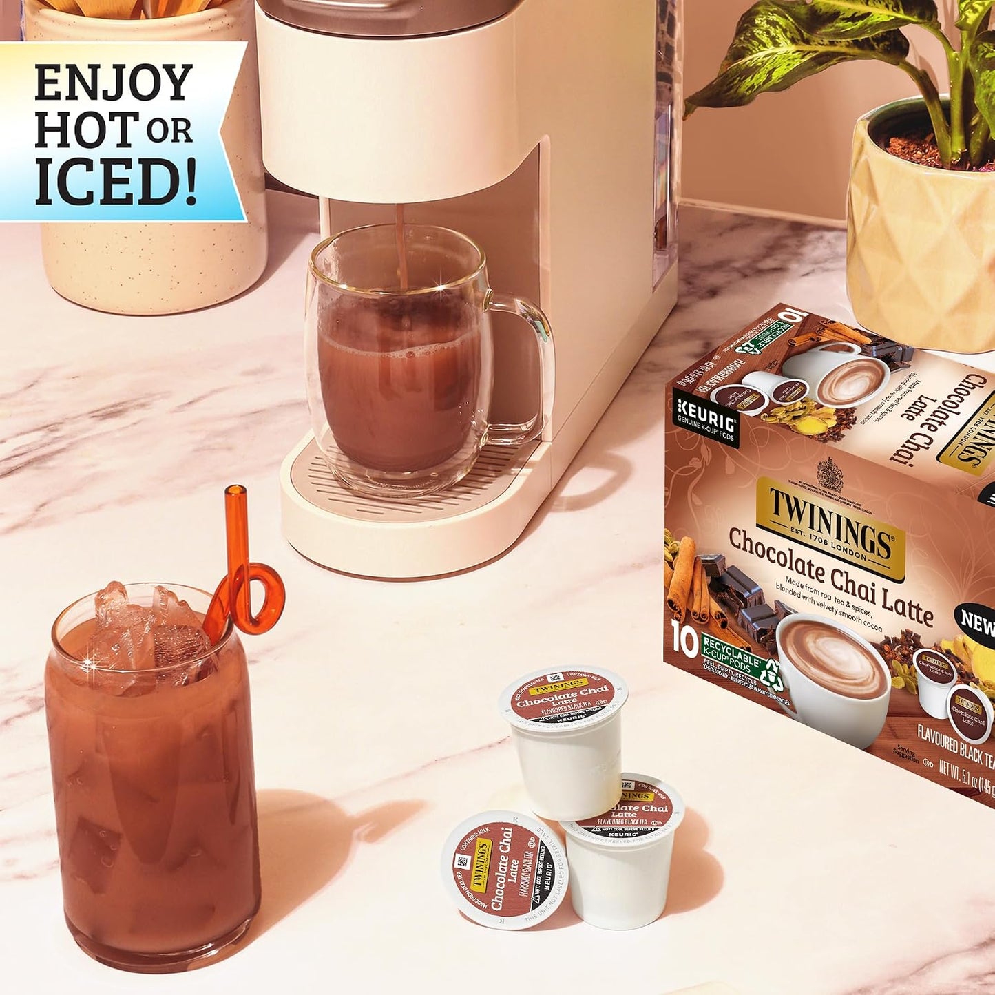 Twinings Chocolate Chai Latte Spiced Tea K-Cups, Keurig 10 CT Box (6 Pack) | Café Style, Velvety Smooth Cocoa, Real Spiced Tea, Naturally Caffeinated, 60 Pods for Single Serve Brewers, Enjoy Hot or Iced
