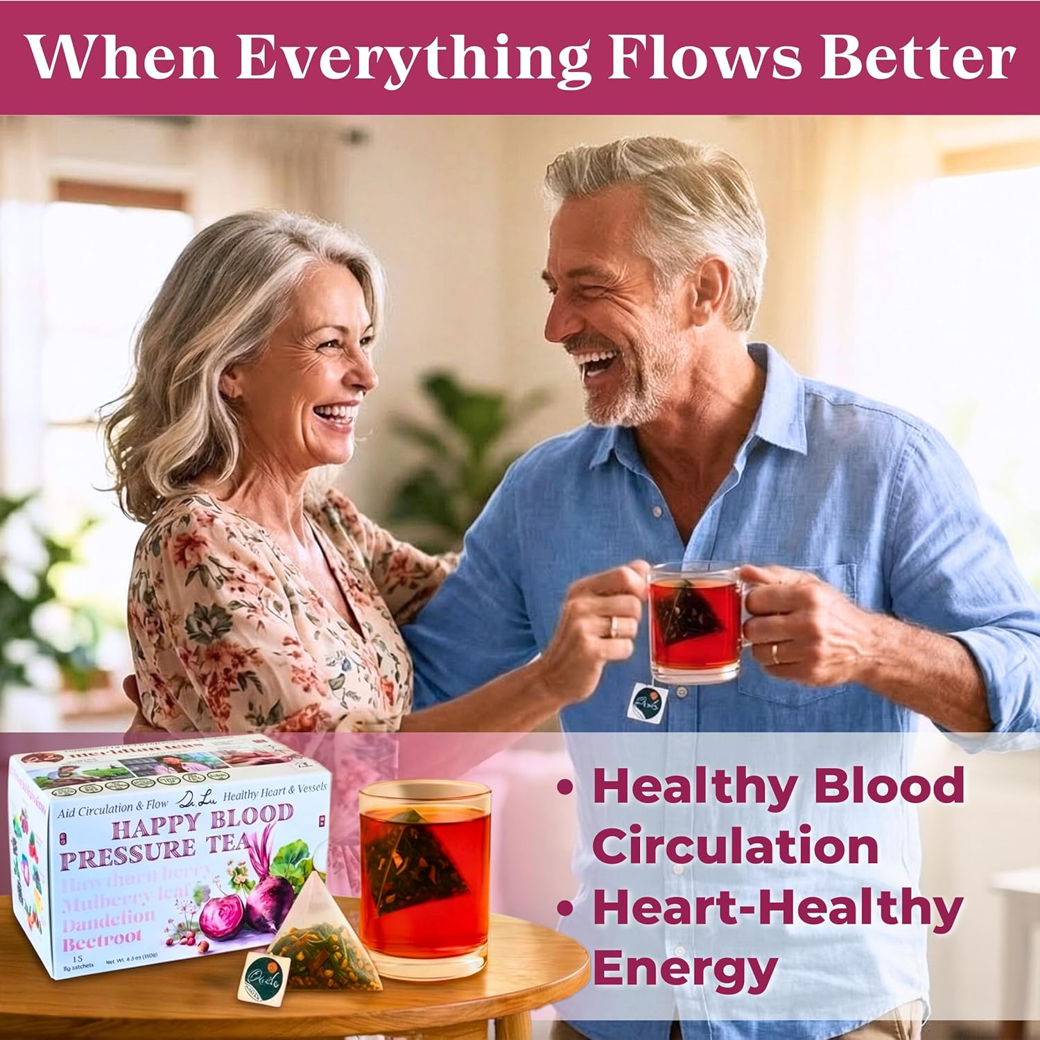 Dr. Lu’s Happy Blood Pressure Tea | 100% Natural Heart Functional Tea for Blood Pressure Support | Beetroot, Hawthorn Berry, Mulberry Leaf, Dandelion 10 Super Herbs in Corn Fiber Pyramid Bags