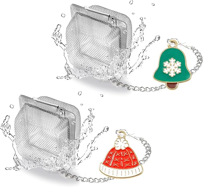 Christmas Themed Tea Infuser Set, 2 PCS Cubic Tea Strainers for Loose Leaf Tea, Reusable Stainless Steel Mesh Tea Ball, Tea Steeper with Red Hat and Green Bell Pendant