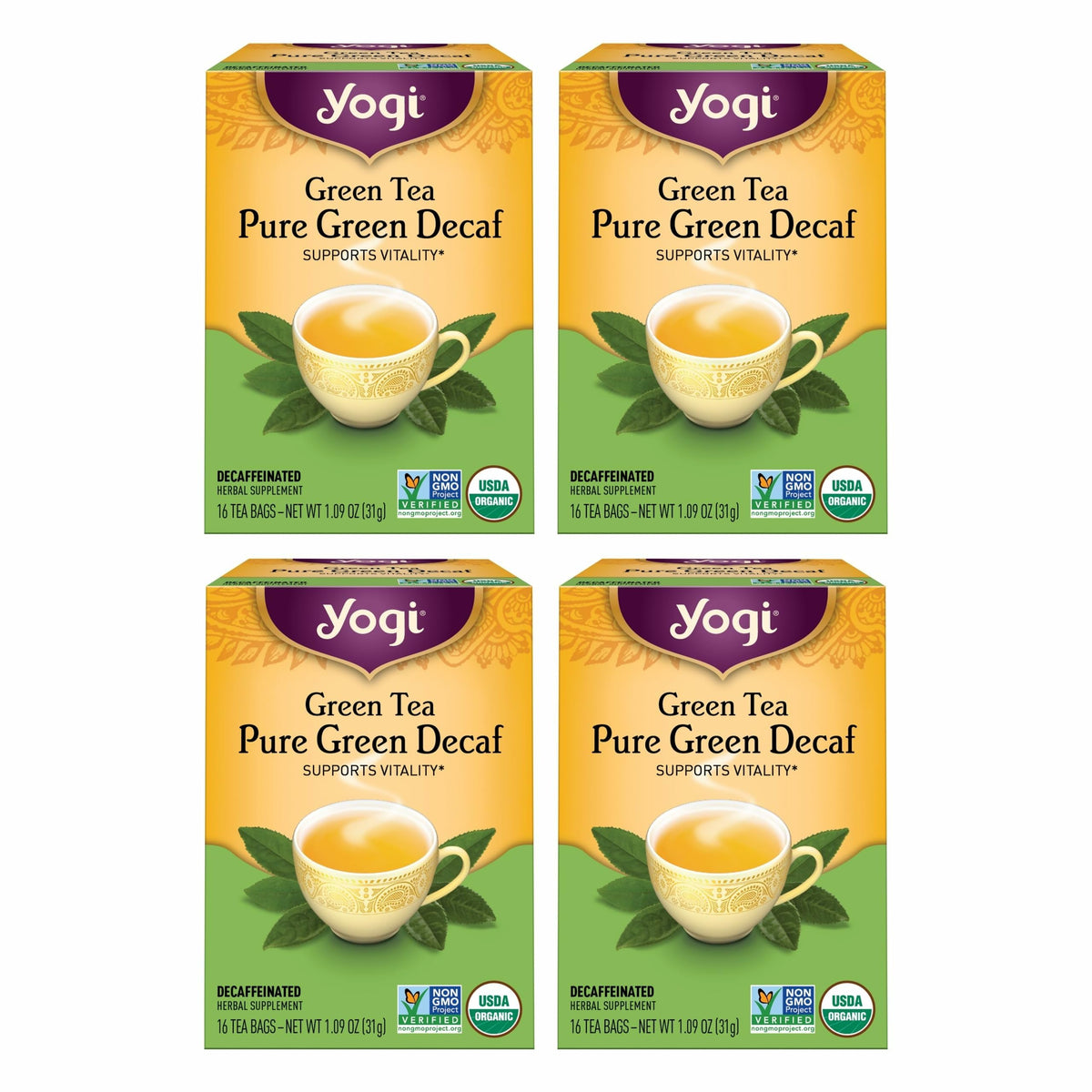 Yogi Organic Pure Decaf Green Tea, 16 Tea Bags (4 Pack)