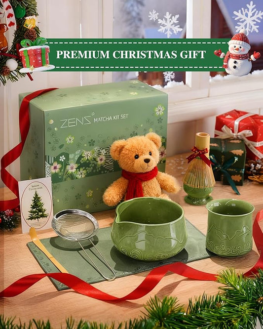 ZENS Matcha Whisk Set, 7pcs Matcha Set Includes Emerald Green Bowl and Matcha Cup, Bamboo Whisk & Scoop, Chasen Holder, 304 Sifter, Tea Mat, Matcha Kit for Latte Making