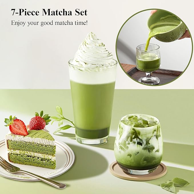 Ceramic Matcha Whisk Set 7 PCS Matcha Set Large Matcha Bowl, Matcha Whisk and Holder, Bamboo Scoop and Scoop Rest, Stainless Sifter and Tea Towel, Matcha Kit for Matcha Tea Ceremony Green